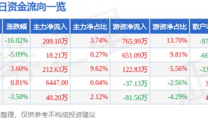 汇隆新材(301057)4月16日主力资金净买入209.10万元